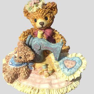 Handcrafted Blue and Tan Teddy Sewing Figurine - Decorative Home Art